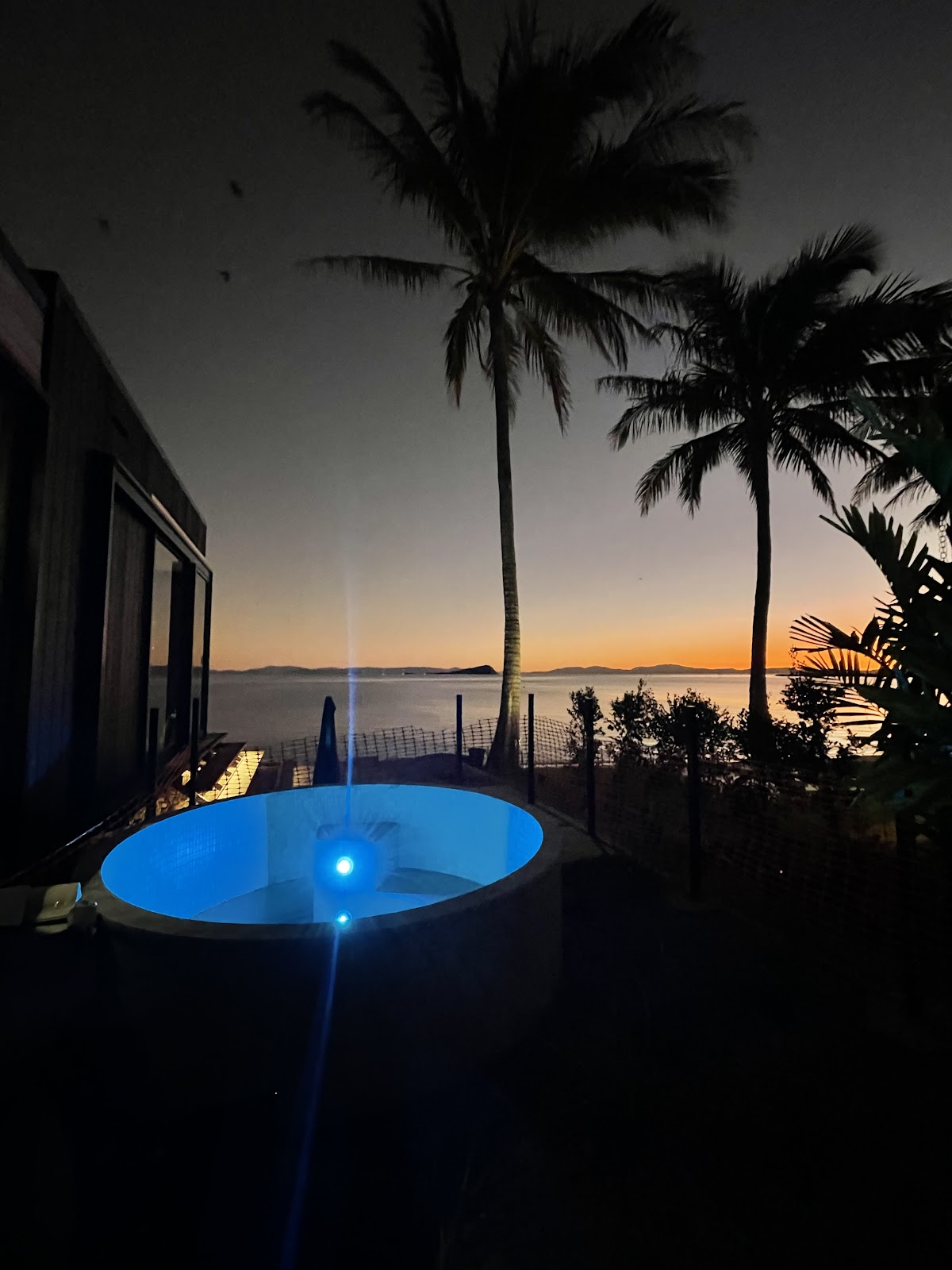 Resort plunge pool lit blue at dusk under palm trees